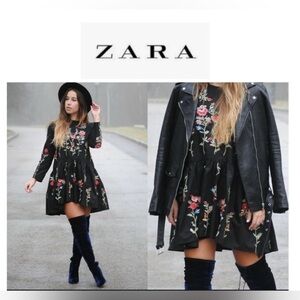 Zara Black Mini Ruffle Tunic Dress With Colorful Floral  Embroidery Design XS